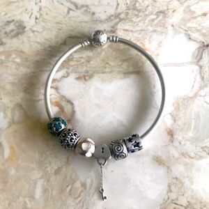 Pandora Sterling Silver Solid Bangle & 6 Charms